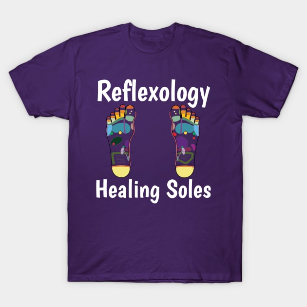 Reflexology Healing Soles (white text) (foot map) T-Shirt by Balanceandharmonyforreflexologists